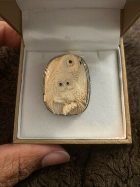 Vintage Korite Mammoth Owl Carving Brooch/Pendant in Sterling silver